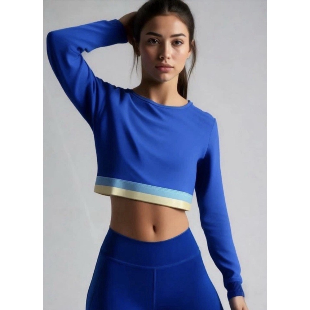 Anthro Wilo Contra Crop Top‎ Bra Women's Size XS Blue Yellow Athleisure Yoga